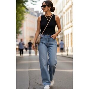 032-003 ALIA Black Ribbed‎ Sleeveless Tank Top Women's Size Large Casual Basic